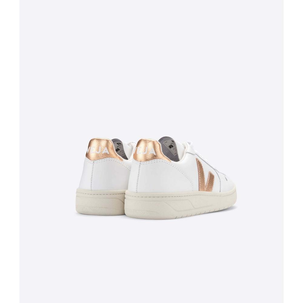 Veja V-10 LEATHER Women's Sneakers White/Gold | NZ 641CTV